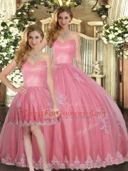 Best Selling Watermelon Red Ball Gowns Tulle Sweetheart Sleeveless Appliques Floor Length Lace Up Sweet 16 Dresses