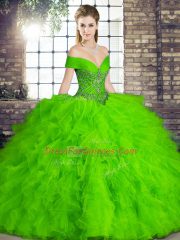 High Class Floor Length Lace Up Sweet 16 Quinceanera Dress Green for Military Ball and Sweet 16 and Quinceanera with Beading and Ruffles
