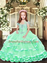 Sleeveless Tulle Floor Length Lace Up Little Girls Pageant Dress in Apple Green with Beading and Ruffled Layers