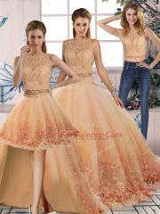 Dynamic Tulle Scalloped Sleeveless Sweep Train Backless Lace Quince Ball Gowns in Peach