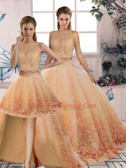Dynamic Tulle Scalloped Sleeveless Sweep Train Backless Lace Quince Ball Gowns in Peach