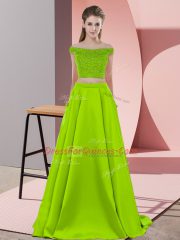 Customized Sleeveless Beading Backless Evening Dress with Yellow Green Sweep Train