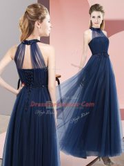 Excellent Navy Blue Sleeveless Tulle Lace Up Dama Dress for Wedding Party