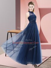 Excellent Navy Blue Sleeveless Tulle Lace Up Dama Dress for Wedding Party