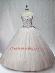 Trendy White Tulle Lace Up Sweetheart Sleeveless Floor Length Vestidos de Quinceanera Beading
