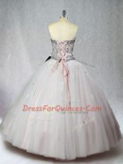Trendy White Tulle Lace Up Sweetheart Sleeveless Floor Length Vestidos de Quinceanera Beading
