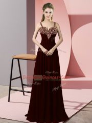 Delicate Floor Length Burgundy Prom Gown Chiffon Sleeveless Beading