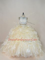 High-neck Sleeveless Brush Train Zipper Quinceanera Dresses Champagne Organza