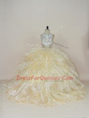 High-neck Sleeveless Brush Train Zipper Quinceanera Dresses Champagne Organza