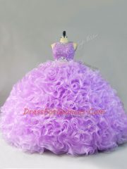 Lavender Fabric With Rolling Flowers Zipper Sweet 16 Quinceanera Dress Sleeveless Floor Length Beading and Ruffles