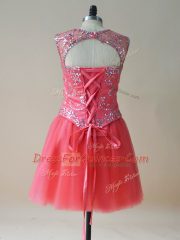 Perfect Coral Red Sleeveless Beading Mini Length Party Dress for Girls