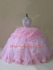 Baby Pink Two Pieces Halter Top Sleeveless Organza Brush Train Lace Up Ruffles Quinceanera Gowns