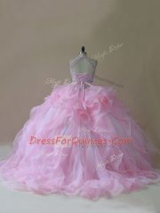 Baby Pink Two Pieces Halter Top Sleeveless Organza Brush Train Lace Up Ruffles Quinceanera Gowns
