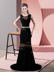 Attractive Square Short Sleeves Satin Prom Evening Gown Sequins Sweep Train Backless