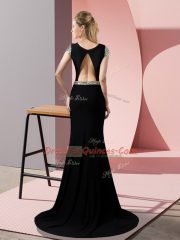 Attractive Square Short Sleeves Satin Prom Evening Gown Sequins Sweep Train Backless