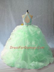Stunning Apple Green Halter Top Neckline Beading and Ruffles Vestidos de Quinceanera Sleeveless Backless