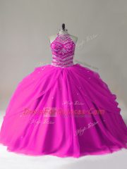 Sleeveless Beading Lace Up Sweet 16 Dress with Fuchsia
