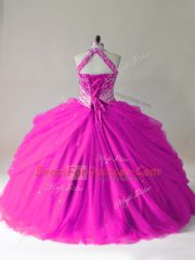 Sleeveless Beading Lace Up Sweet 16 Dress with Fuchsia