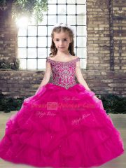 Fuchsia Off The Shoulder Lace Up Beading and Pick Ups High School Pageant Dress Sleeveless