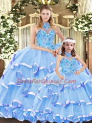 Blue Sleeveless Organza Lace Up Quinceanera Gown for Military Ball and Sweet 16 and Quinceanera