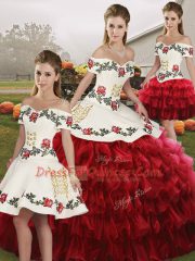 Wine Red Lace Up Off The Shoulder Embroidery and Ruffled Layers Quinceanera Gowns Organza Sleeveless