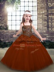 Sleeveless Floor Length Beading and Lace Lace Up Winning Pageant Gowns with Rust Red