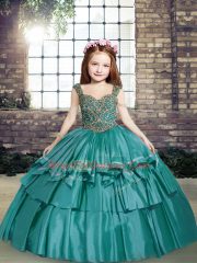 Modern Sleeveless Taffeta Floor Length Lace Up Little Girls Pageant Dress Wholesale in Teal with Beading