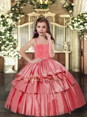 Coral Red Straps Lace Up Ruffled Layers Child Pageant Dress Sleeveless