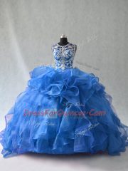 Traditional Blue Ball Gowns Beading and Ruffles Sweet 16 Quinceanera Dress Lace Up Organza Sleeveless Floor Length