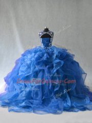 Traditional Blue Ball Gowns Beading and Ruffles Sweet 16 Quinceanera Dress Lace Up Organza Sleeveless Floor Length