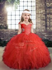 Tulle Sleeveless Floor Length Child Pageant Dress and Beading and Ruffles
