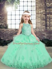 Custom Made Apple Green Tulle Lace Up Pageant Dress for Womens Sleeveless Floor Length Lace and Appliques