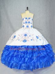 Blue And White Sleeveless Embroidery and Ruffled Layers Asymmetrical Sweet 16 Dress