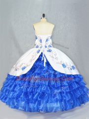 Blue And White Sleeveless Embroidery and Ruffled Layers Asymmetrical Sweet 16 Dress