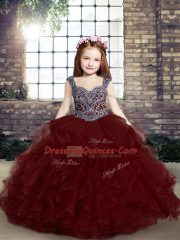 Straps Sleeveless Pageant Dress Wholesale Floor Length Beading and Ruffles Burgundy Tulle