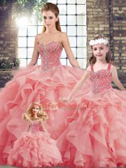 Artistic Watermelon Red Tulle Lace Up Vestidos de Quinceanera Sleeveless Brush Train Beading and Ruffles