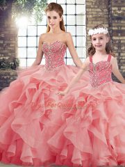 Artistic Watermelon Red Tulle Lace Up Vestidos de Quinceanera Sleeveless Brush Train Beading and Ruffles