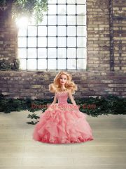 Artistic Watermelon Red Tulle Lace Up Vestidos de Quinceanera Sleeveless Brush Train Beading and Ruffles