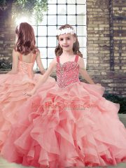 Artistic Watermelon Red Tulle Lace Up Vestidos de Quinceanera Sleeveless Brush Train Beading and Ruffles
