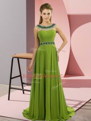 Scoop Sleeveless Brush Train Zipper Prom Gown Olive Green Chiffon