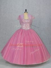 Ideal Sweetheart Sleeveless Sweet 16 Quinceanera Dress Floor Length Beading Pink Tulle