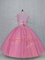Ideal Sweetheart Sleeveless Sweet 16 Quinceanera Dress Floor Length Beading Pink Tulle