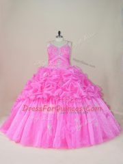 Super Baby Pink Vestidos de Quinceanera Straps Sleeveless Brush Train Lace Up