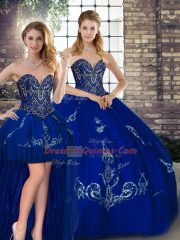 Dynamic Royal Blue Three Pieces Beading and Embroidery 15 Quinceanera Dress Lace Up Tulle Sleeveless Floor Length