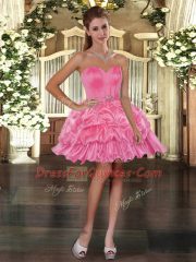Fine Rose Pink Ball Gowns Organza Sweetheart Sleeveless Beading and Pick Ups Mini Length Lace Up Teens Party Dress