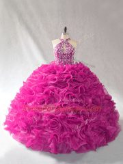 Classical Sleeveless Beading and Ruffles Lace Up Quinceanera Gowns with Fuchsia Brush Train