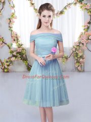 Knee Length Lace Up Vestidos de Damas Blue for Wedding Party with Belt