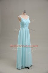 Blue Zipper Homecoming Dress Ruching Sleeveless Floor Length