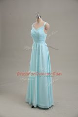 Blue Zipper Homecoming Dress Ruching Sleeveless Floor Length