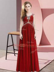 Red Side Zipper Straps Beading Prom Party Dress Chiffon Cap Sleeves